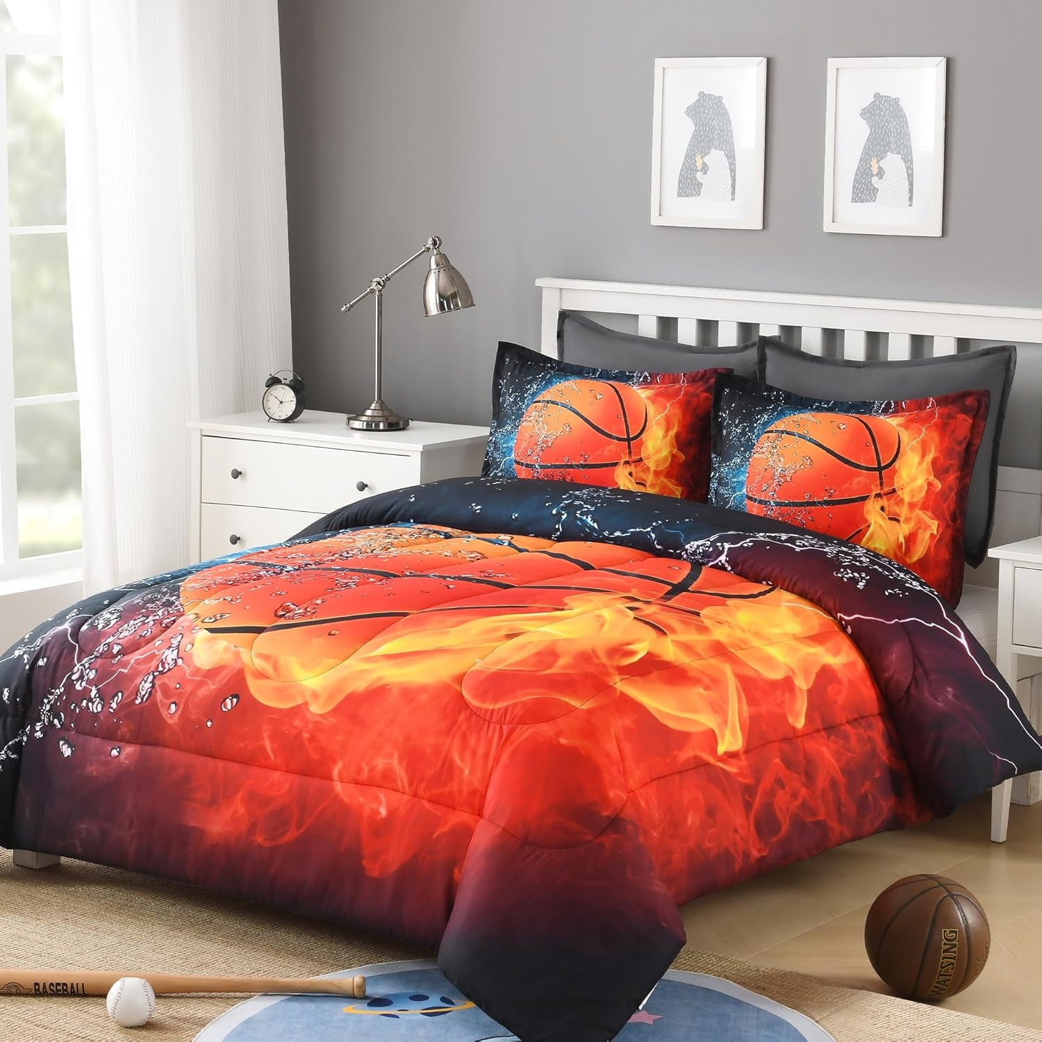Basketball Comforter Set - Full Size (79X90 Inch), 3 Pieces (1 Comforter, 2 Pillowcases) Microfiber Sport Bedding for Kids Boys Girls Teens