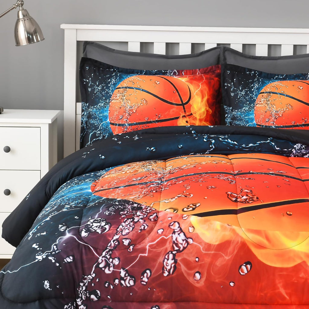 Basketball Comforter Set - Full Size (79X90 Inch), 3 Pieces (1 Comforter, 2 Pillowcases) Microfiber Sport Bedding for Kids Boys Girls Teens