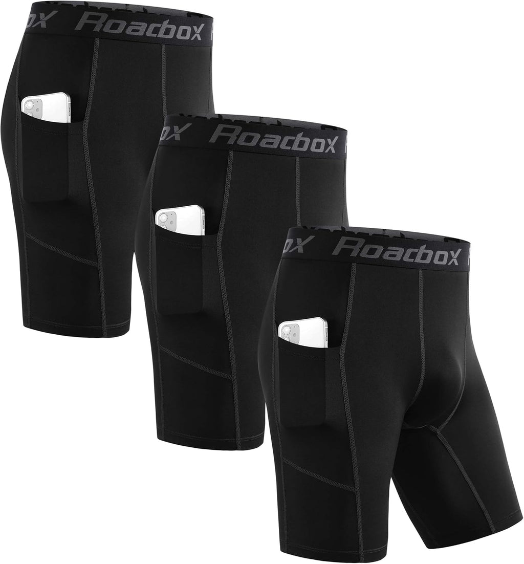 Men'S Compression Shorts with Pockets, 3 Pack 9'' Performance Running Base Layer for Workout Sports Underwear