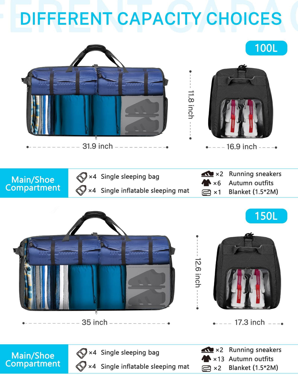 100L Travel Duffle Bags 32" Large Foldable Weekender Bag Waterproof Overnight Bag with Shoes Compartment for Camping