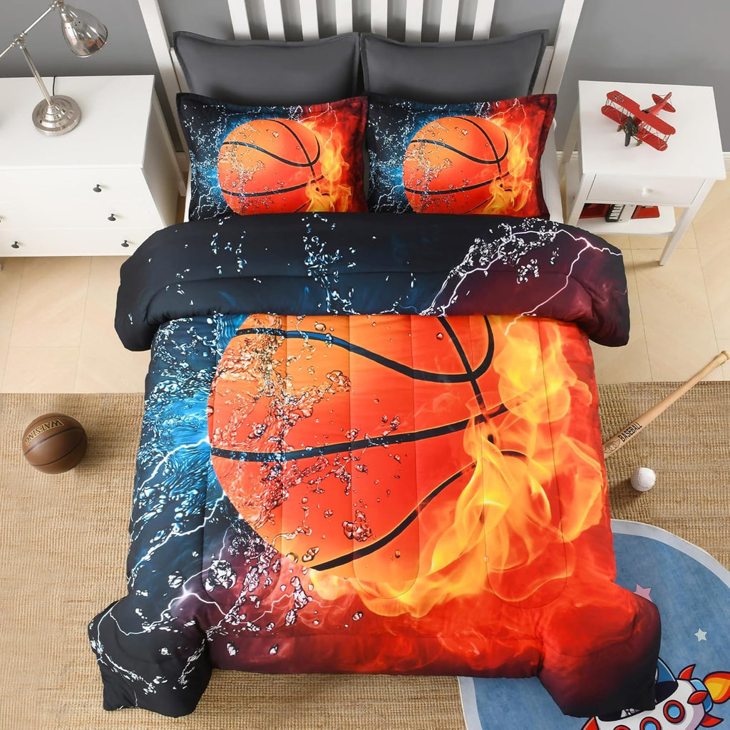 Basketball Comforter Set - Full Size (79X90 Inch), 3 Pieces (1 Comforter, 2 Pillowcases) Microfiber Sport Bedding for Kids Boys Girls Teens